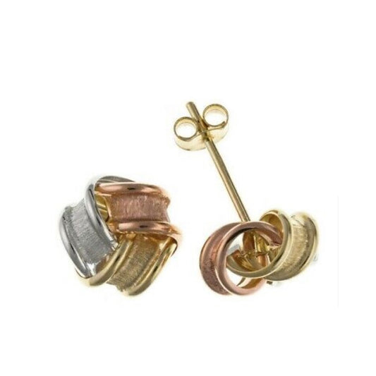 Three Colour Gold Knot Stud Earrings Solid Yellow Rose White Gold 5mm Studs