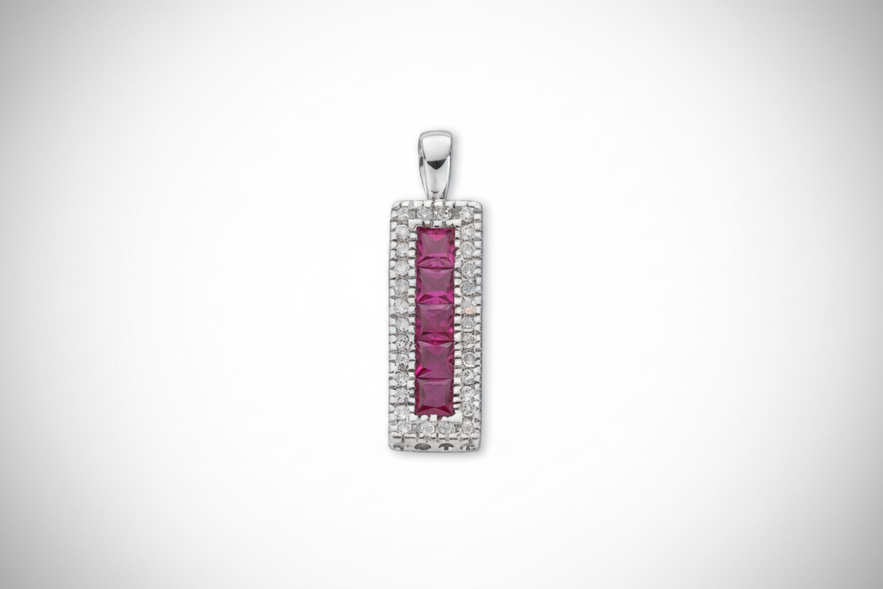9ct White Gold Ruby and Diamond Rectangular Pendant
