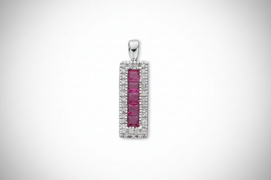 9ct White Gold Ruby and Diamond Rectangular Pendant