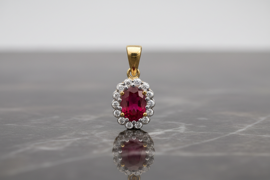 9ct Yellow Gold Ruby and Diamond Oval Pendant and Chain