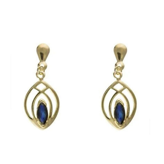 9ct Yellow Gold Sapphire Drop Earrings Marquise  Hallmarked September Birthstone
