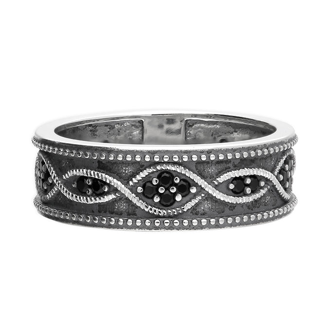 Men's Silver Band Ring In a Striking Wave Pattern Design With Black Cubic Zirconia Stones