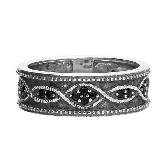 Men's Silver Band Ring In a Striking Wave Pattern Design With Black Cubic Zirconia Stones