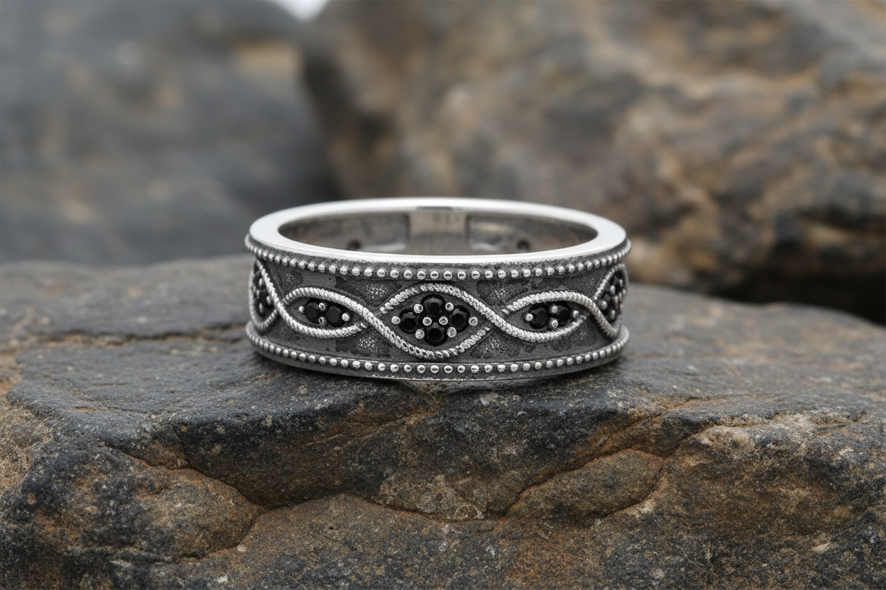 Men's Silver Band Ring In a Striking Wave Pattern Design With Black CZ Stones