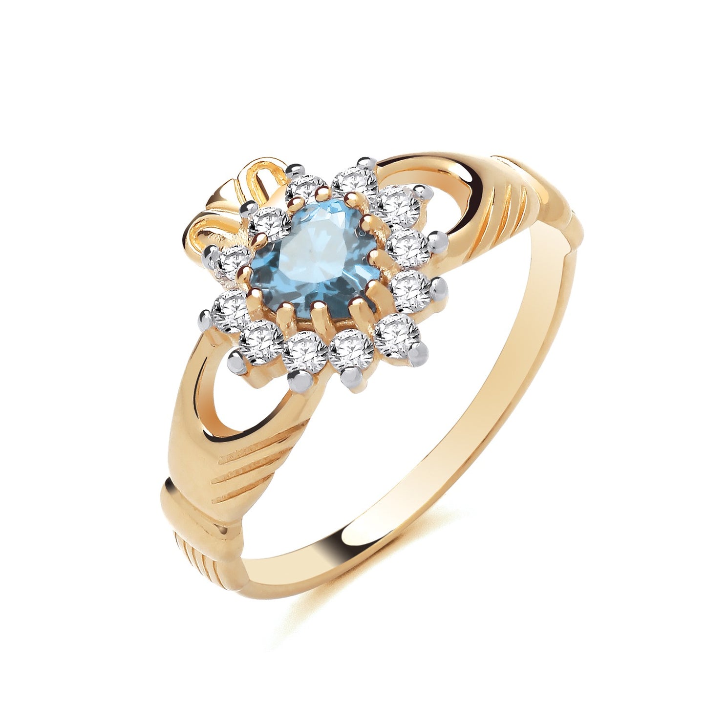 18ct Gold Blue Topaz Claddagh Ring on Solid Sterling Silver 925 Hallmark