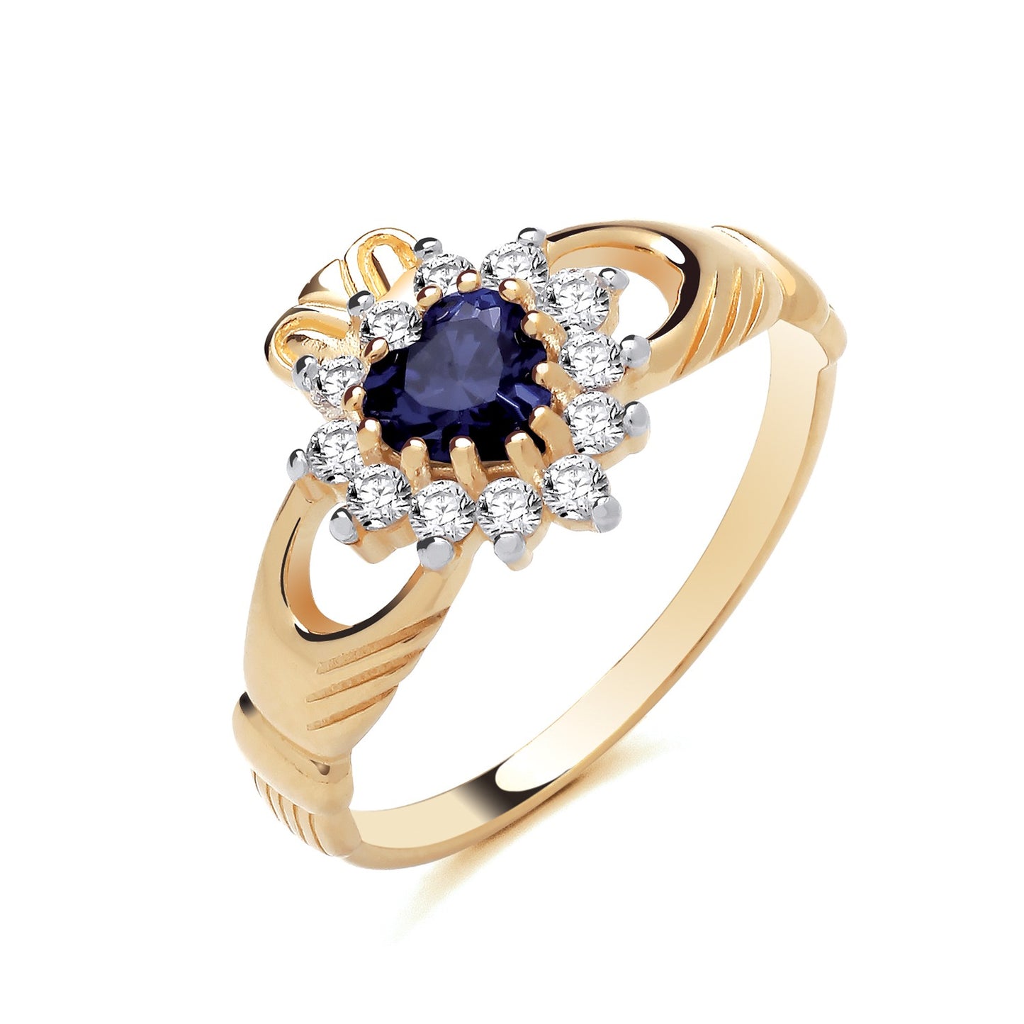 18ct Gold Sapphire Claddagh Ring on Solid Sterling Silver 925 Hallmark
