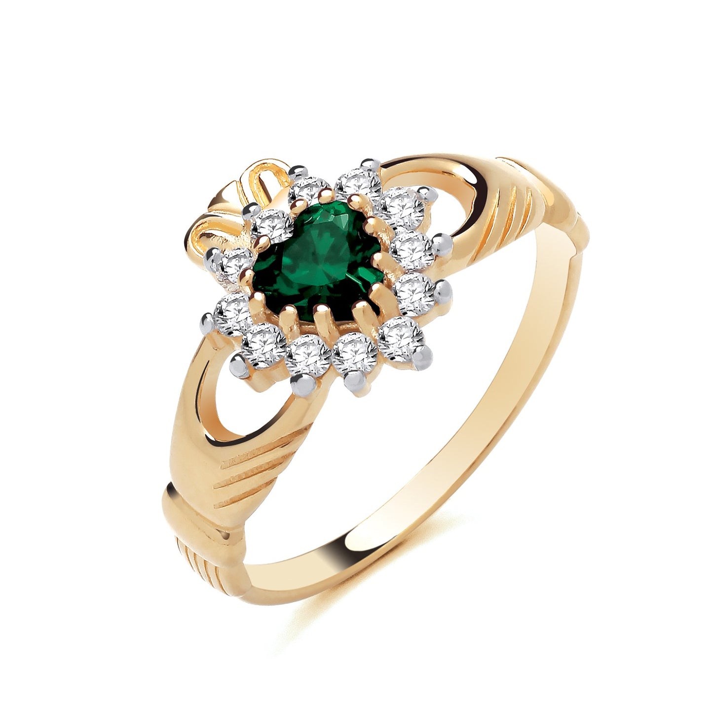 18ct Gold Emerald Claddagh Ring on Solid Sterling Silver  925 Hallmark