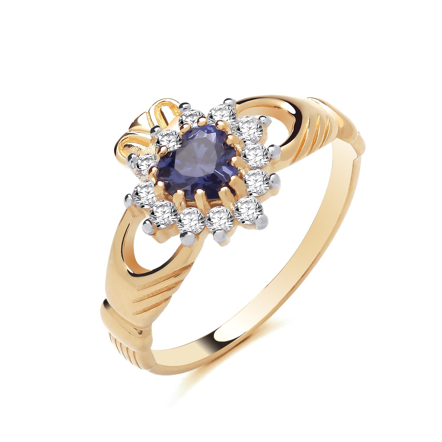 18ct Gold Tanzanite Claddagh Ring on Solid Sterling Silver 925 Hallmark