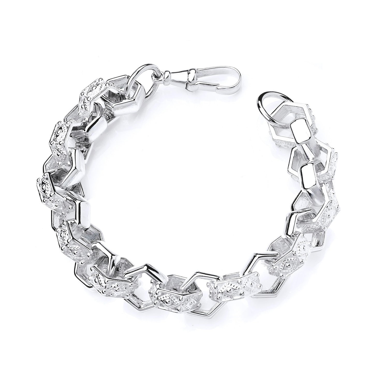 Mens Hexagon Patterned Belcher Bracelet Solid Sterling Silver 10" Hallmarked