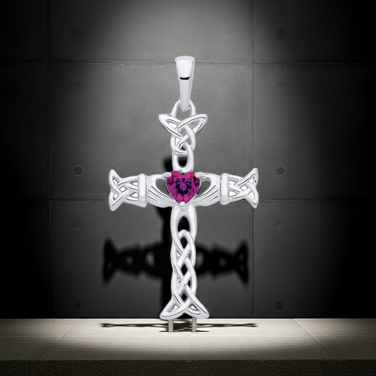 Amethyst Claddagh Celtic Cross Sterling Silver Pendant with Intricate Knot Design
