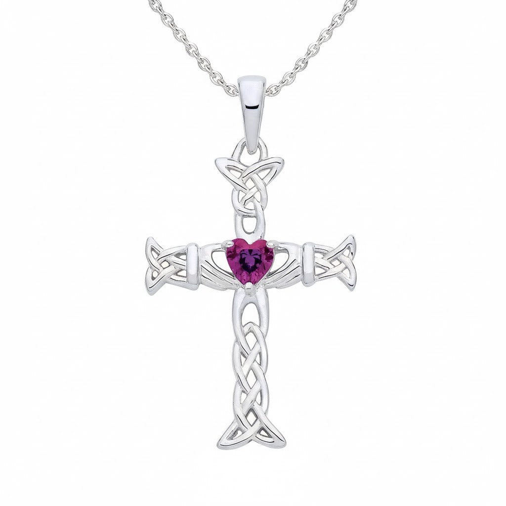 J R Jewellery Amethyst Claddagh Celtic Cross Pendant on Silver Chain with Intricate Knot Design