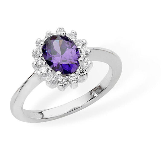 Amethyst cluster ring sterling silver with an oval purple stone and sparkling accents