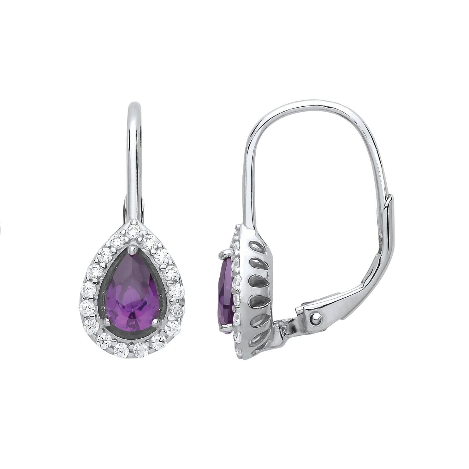 Amethyst hoop drop earrings with pear-shaped purple stones and diamond halo in silver setting