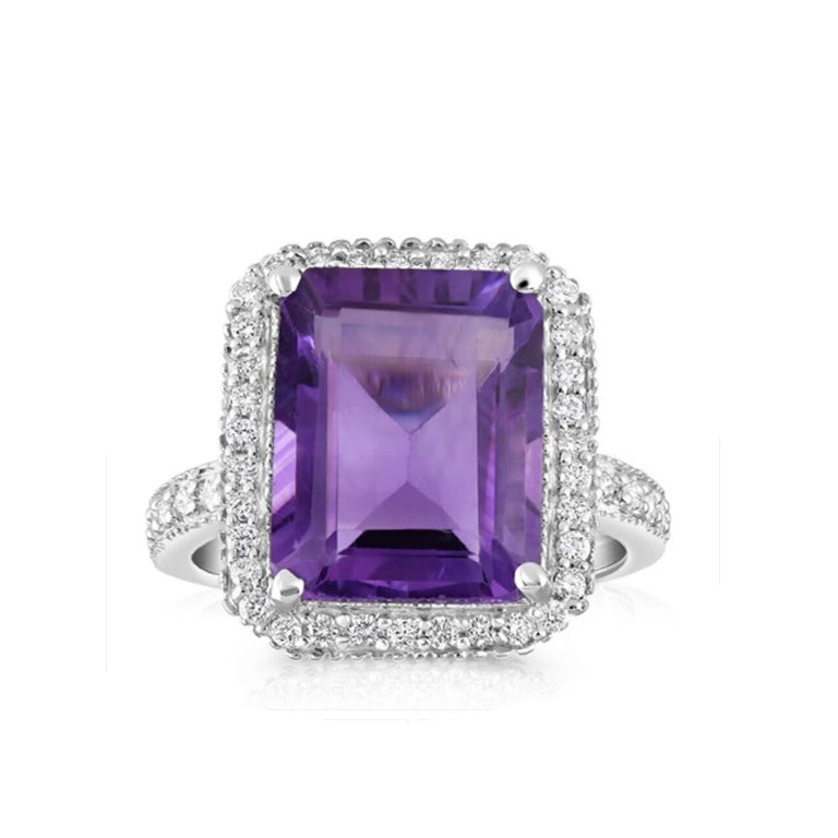 Real Amethyst and Diamond ring 9ct White Gold Cocktail Statement Size K - Q