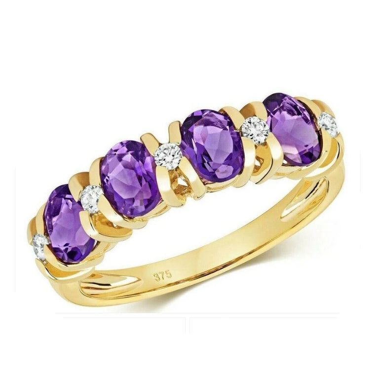 Real Amethyst and Diamond Eternity Ring Solid Yellow Gold Band Size J - Q