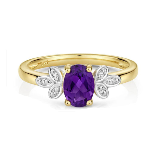 Real Amethyst and Diamond Ring Leaf Design Shoulders 9ct Yellow Gold Size J - Q