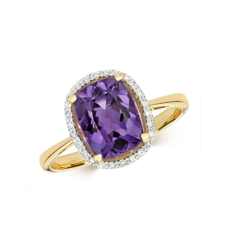 Real Amethyst and Diamond Ring Solid Yellow Gold 9 x 7mm Cushion Size J - Q