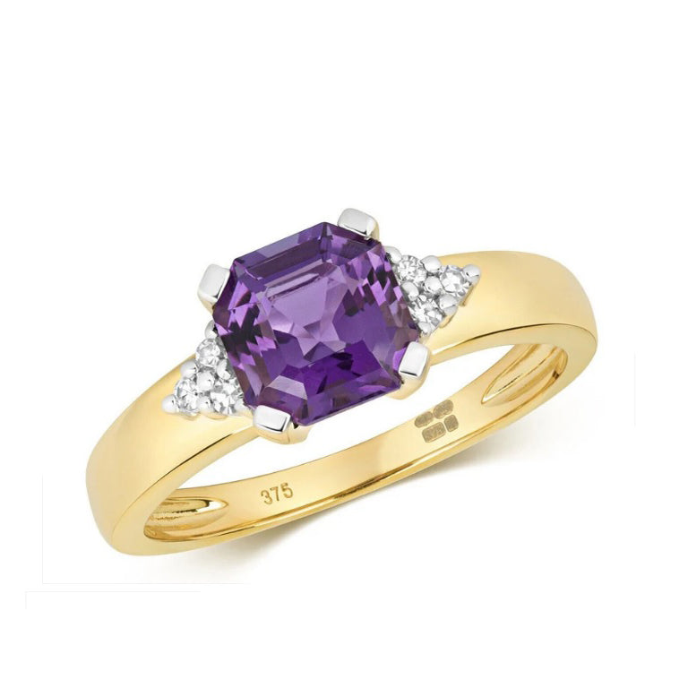 Real Amethyst and Diamond Ring Solid Yellow Gold Asscher Solitaire Size J - Q
