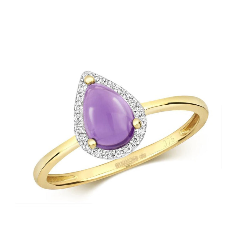 Real Amethyst Cabochon and Diamond Ring Solid Yellow Gold Pear Cluster Size J-Q