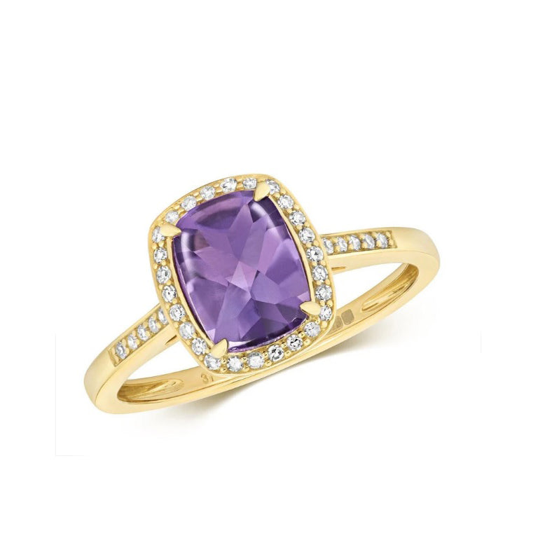 Real Amethyst and Diamond Ring Solid Yellow Gold Cushion Cut Size J - Q