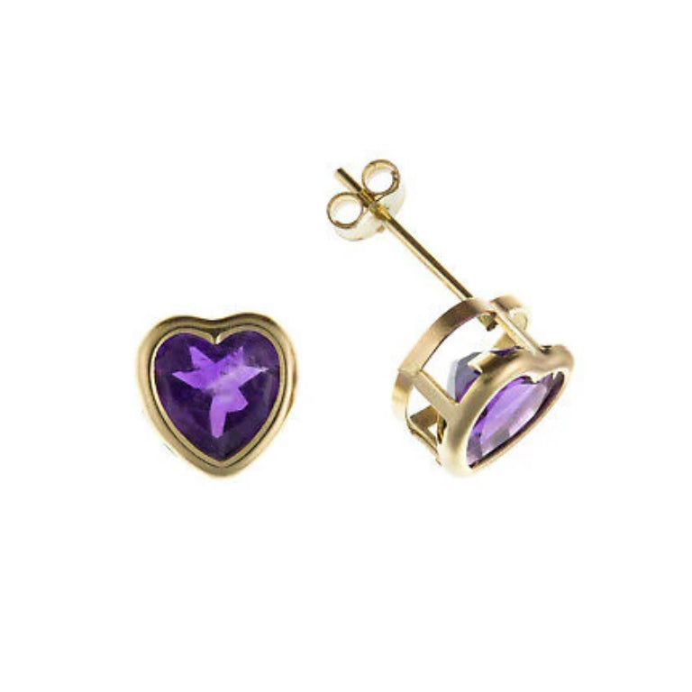 9ct Gold Amethyst Heart Earrings Yellow Gold Stud February Birthstone Hallmark