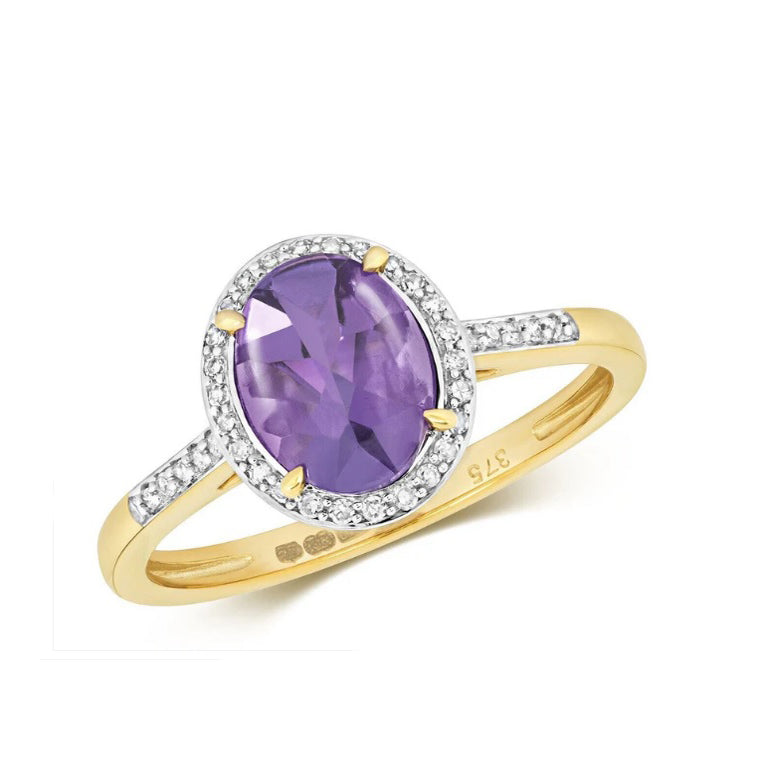 9ct Yellow Gold Amethyst and Diamond Ring Oval Cut Cluster 1.48ctw Size J - Q