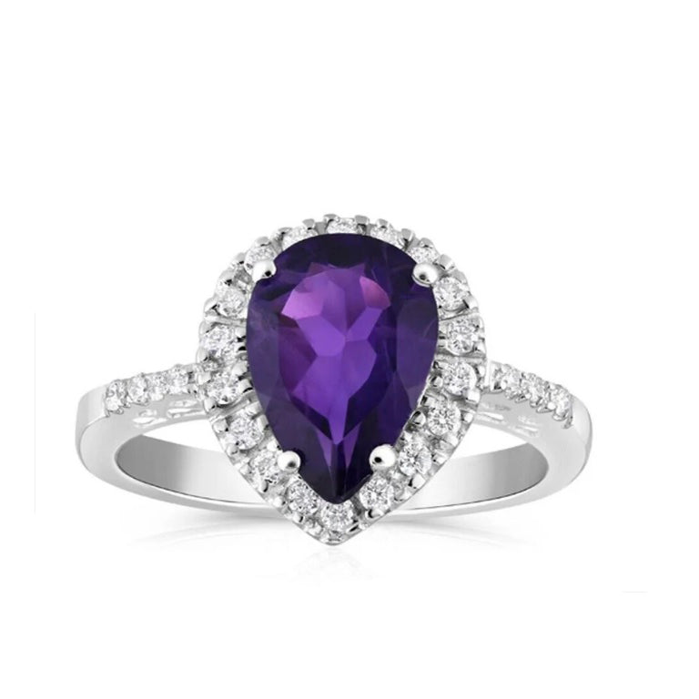 9ct White Gold 0.18ct Diamond and 1.60ct Amethyst Ring Pear Teardrop Size K - Q