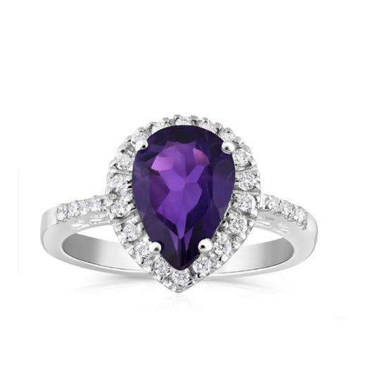 9ct White Gold 0.18ct Diamond and 1.60ct Amethyst Ring Pear Teardrop Size K - Q