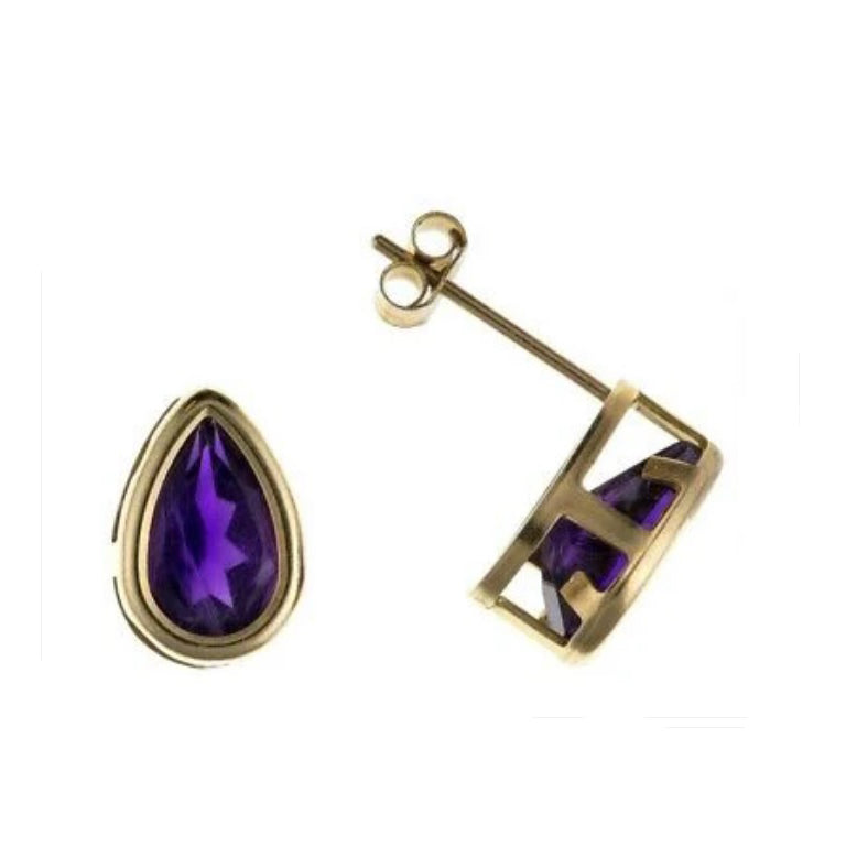 9ct Gold Amethyst Pear Stud Earrings Yellow Gold Solitaire February Birthstone