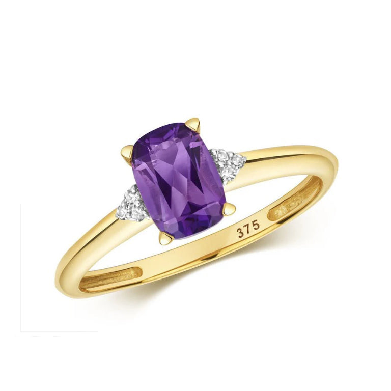 Real Amethyst and Diamond Ring Solid Yellow Gold Cushion Solitaire Size J - Q