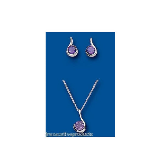 Amethyst Pendant and Earrings Set Solid Silver Round Solitaire