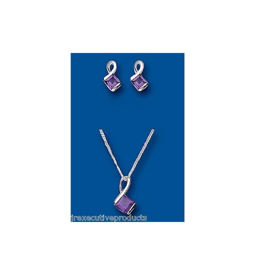 Amethyst Pendant and Earrings Set Solid Silver Square Design