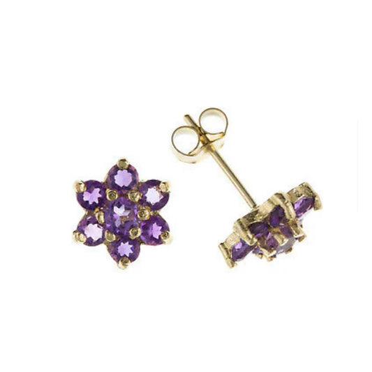 9ct Gold Amethyst Stud Earrings Yellow Gold Cluster Studs February Birthstone