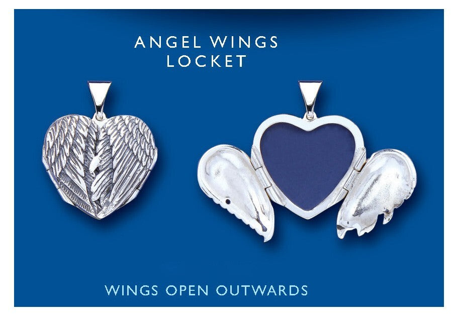 Angel Wings Heart Locket in Silver with Wings Open Outwards for Personalised Keepsakes