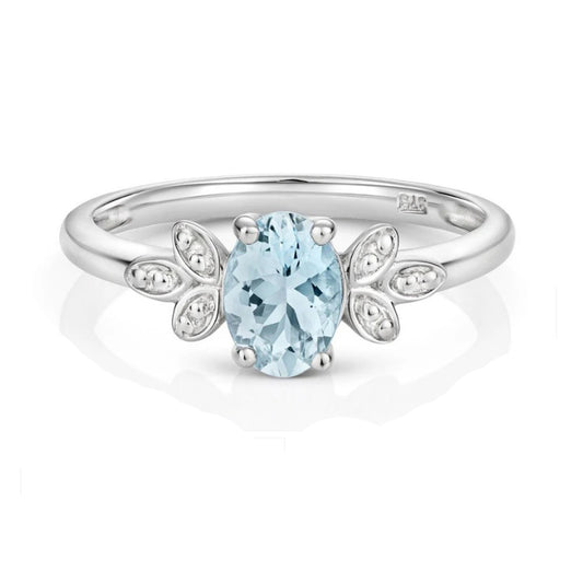 Aquamarine and Diamond Ring Leaf Design Shoulders 9ct White Gold Size J - Q