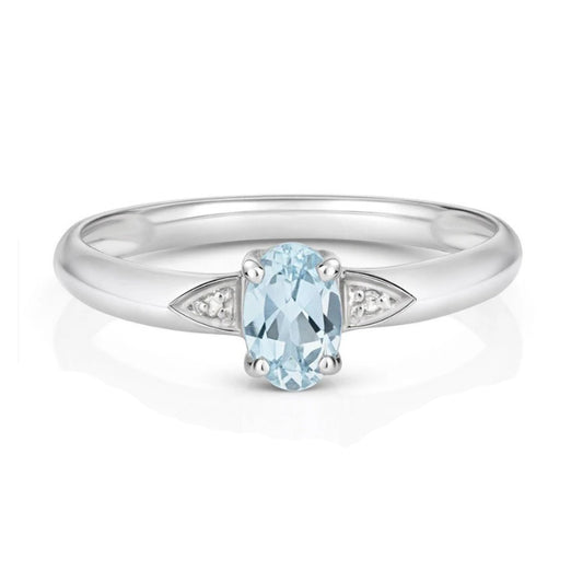 Real Aquamarine and Diamond Ring Solid 9ct White Gold Size J - Q