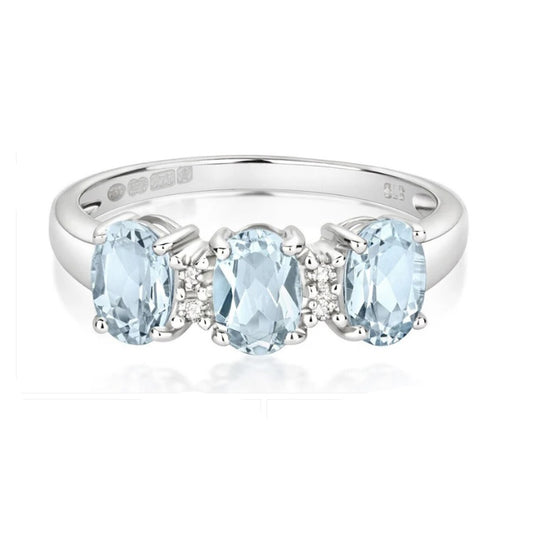 9ct White Gold Aquamarine and Diamond Ring Three Stone Trilogy Size J - Q