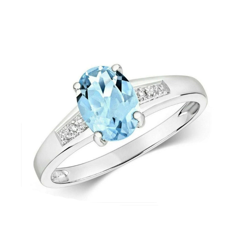 Real Aquamarine and Diamond Ring Solid White Gold Oval Solitaire Size J - Q
