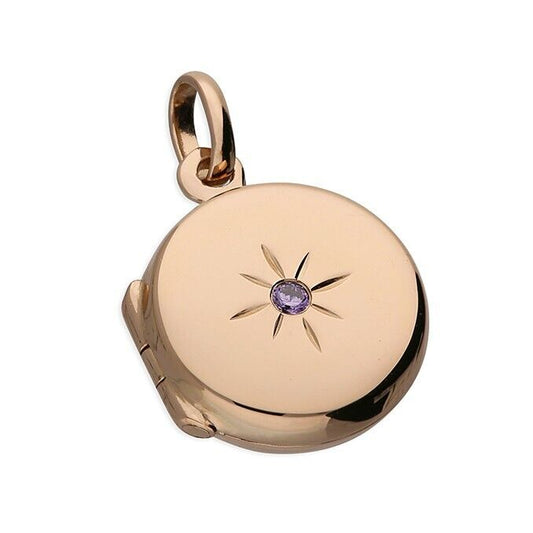 J R Jewellery rose gold round locket with small purple gemstone and star engraving June birthstone silver locket