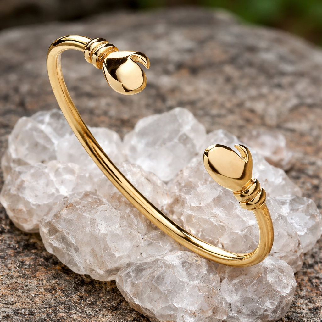 J R Jewellery Baby Boxing Glove Torque Bangle in gold on a crystal display, perfect for children