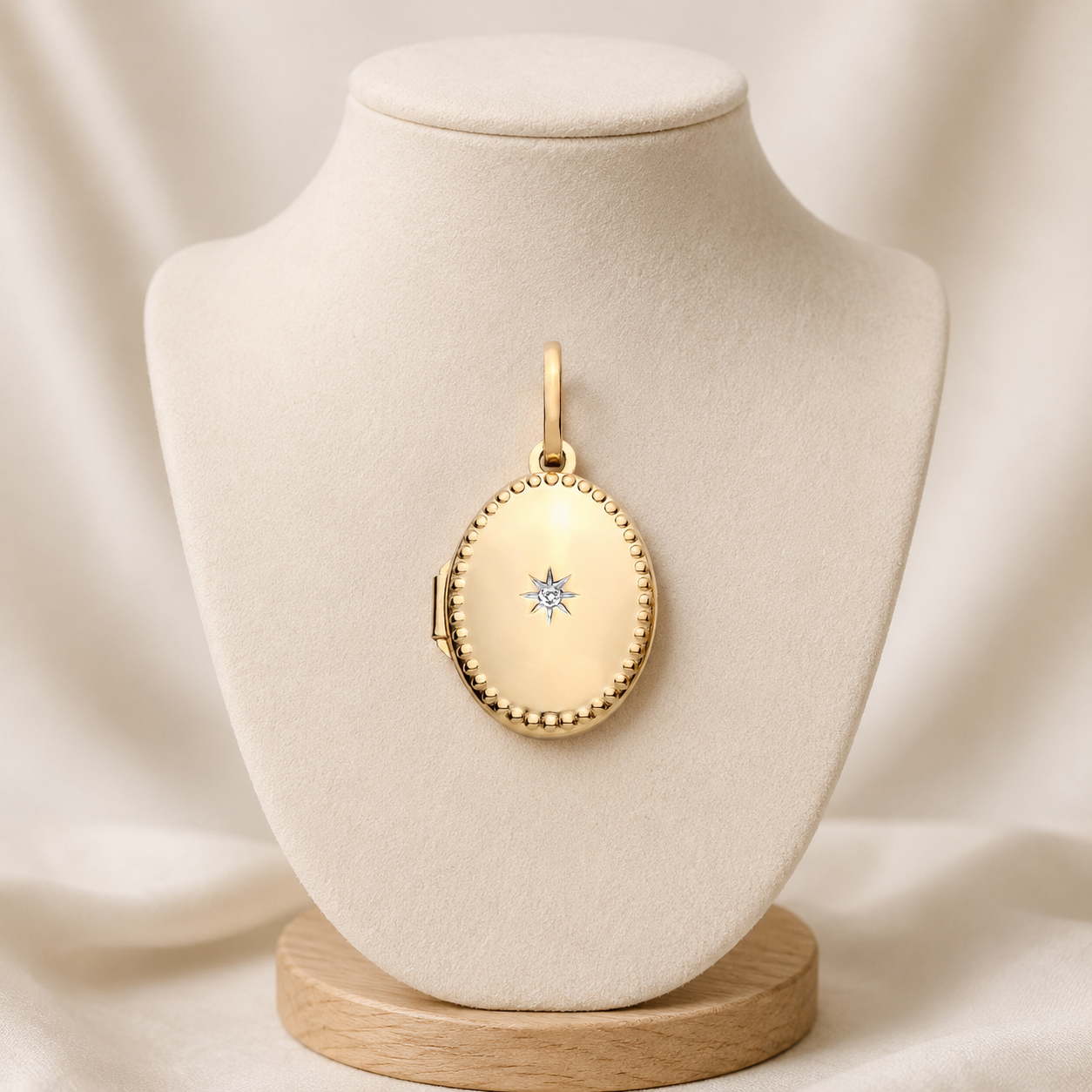 Oval Beaded Diamond Locket in gold with a star design, elegantly displayed on a jewellery stand