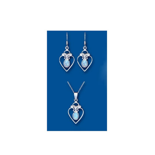Blue Opal Pendant and Earrings Set Solid Sterling Silver Hearts