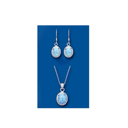 Solitaire Blue Opal Pendant and Earrings Set Solid Sterling Silver Oval