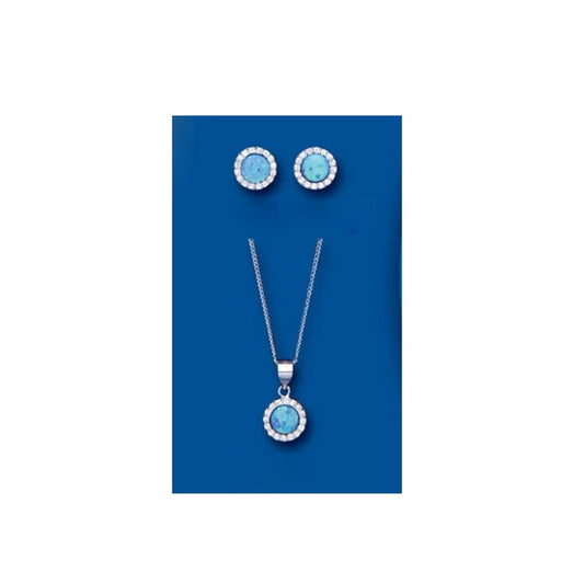 Blue Opal Pendant and Earrings Set Solid Sterling Silver Cluster
