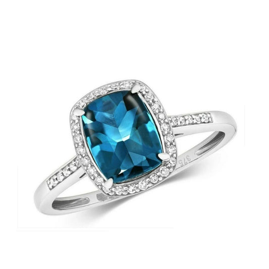 9ct White Gold London Blue Topaz and Diamond Ring Cushion Cluster Size J - Q