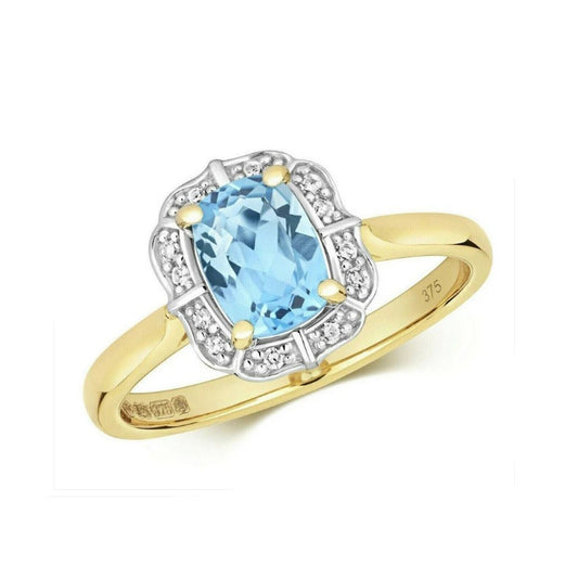 9ct Yellow Gold Blue Topaz and Diamond Ring Cushion Engagement Size JKLMNOPQ
