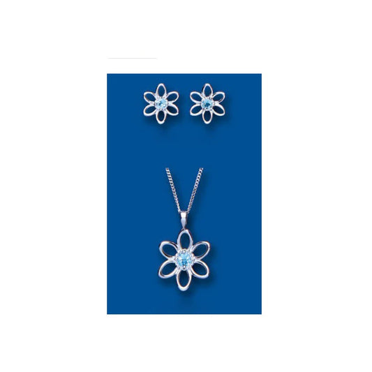 Blue Topaz Pendant and Earrings Set Solid Sterling Silver Flower Design