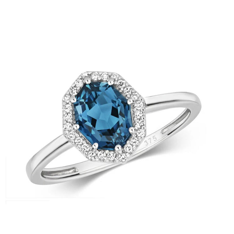 Real London Blue Topaz and Diamond Ring Solid White Gold Octagon Cluster