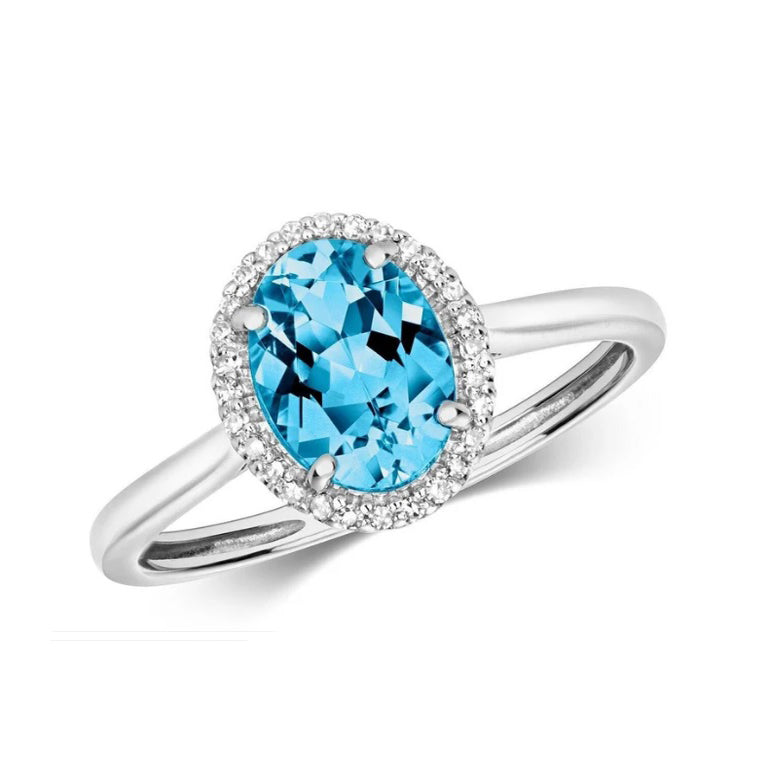Real Swiss Blue Topaz and Diamond Ring Solid White Gold Oval Cluster Size J - Q