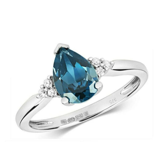 9ct White Gold London Blue Topaz and Diamond Ring Pear Solitaire Size J - Q